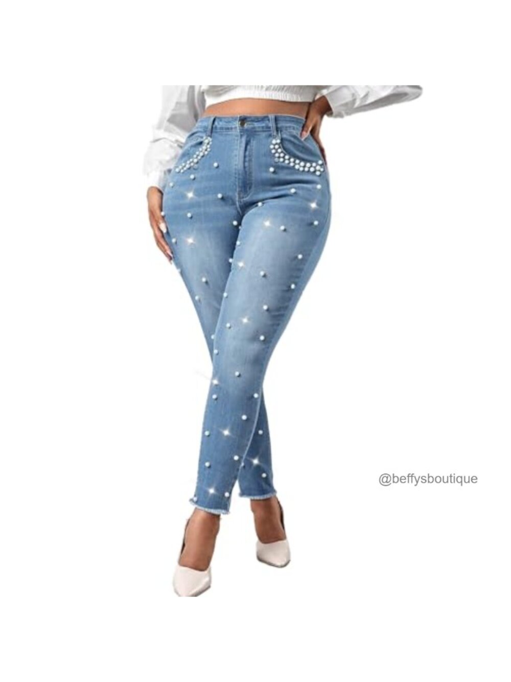 Women's Stretchy Skinny Jeans with Pearl Rhinestone Embellishments